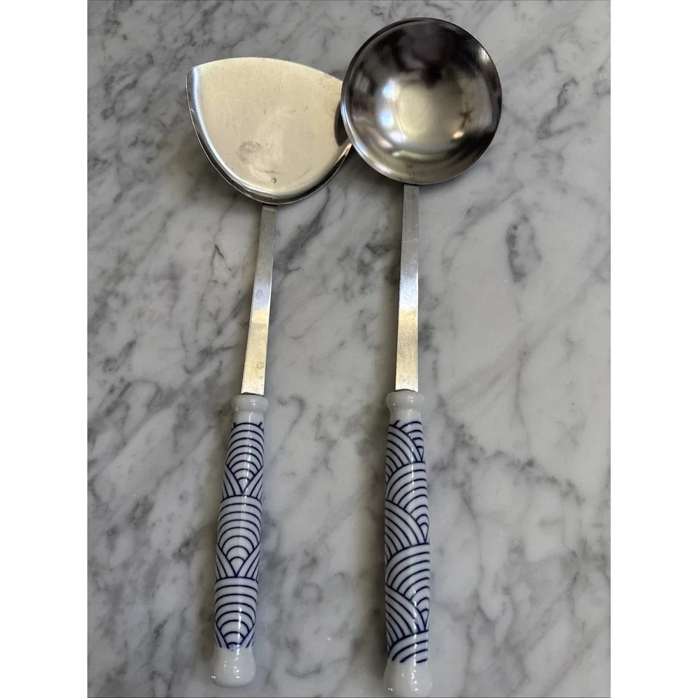 Spatula and Ladle Kitchen Utensils Ceramic Handles Blue And White Vintage